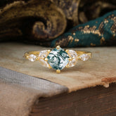 Cushion Cut 1 Carat Moss Agate Anniversary Ring Classic Side Stone Ring